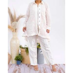 NEW KAREN T DESIGN button down tunic and straight leg pant set in ivory